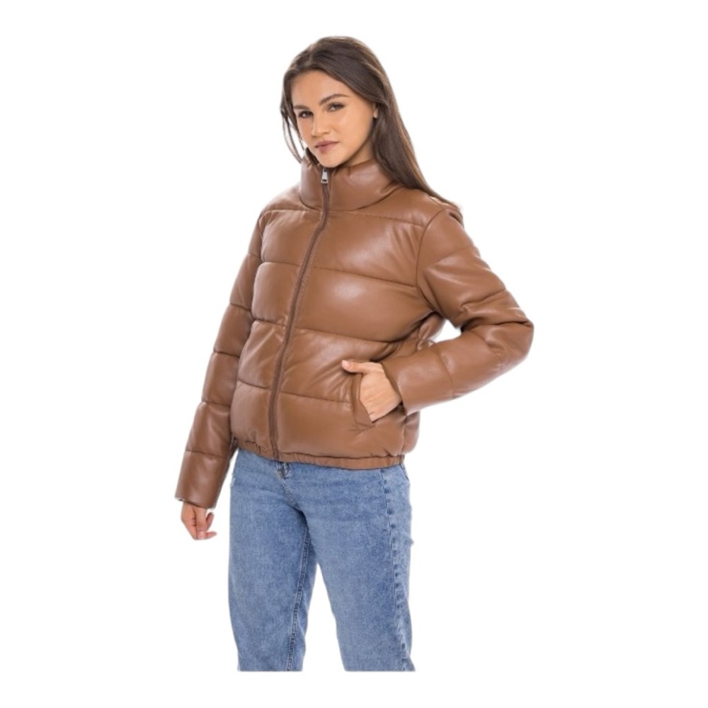 Faux Leather Puffer Jacket, Puffy Coat -By SEBBY Toffee Size Large NWOT
